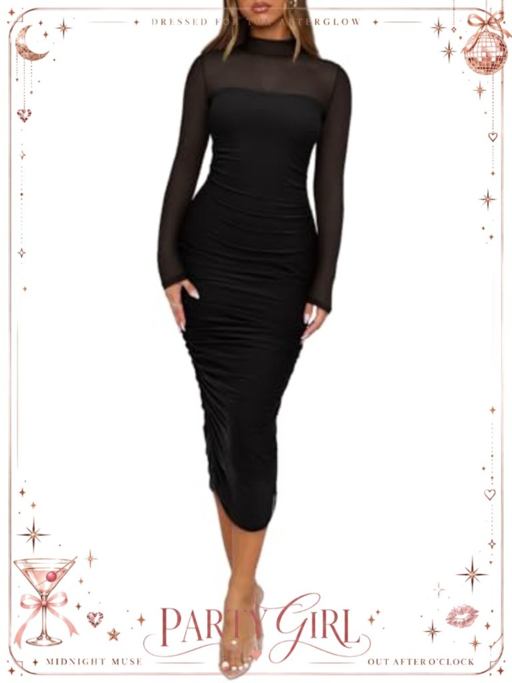 Mesh Long Sleeve Midi Ruched Bodycon Dress Mock Neck Cocktail Party